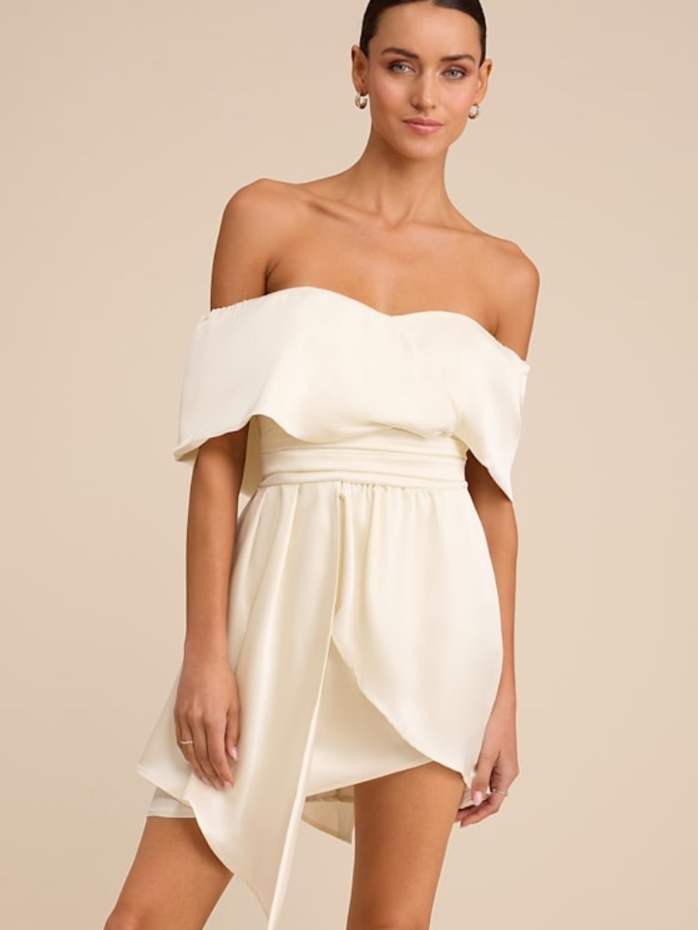 Lulus Always Celebrating Ivory Satin Off-the-shoulder Mini Dress White - Size XL